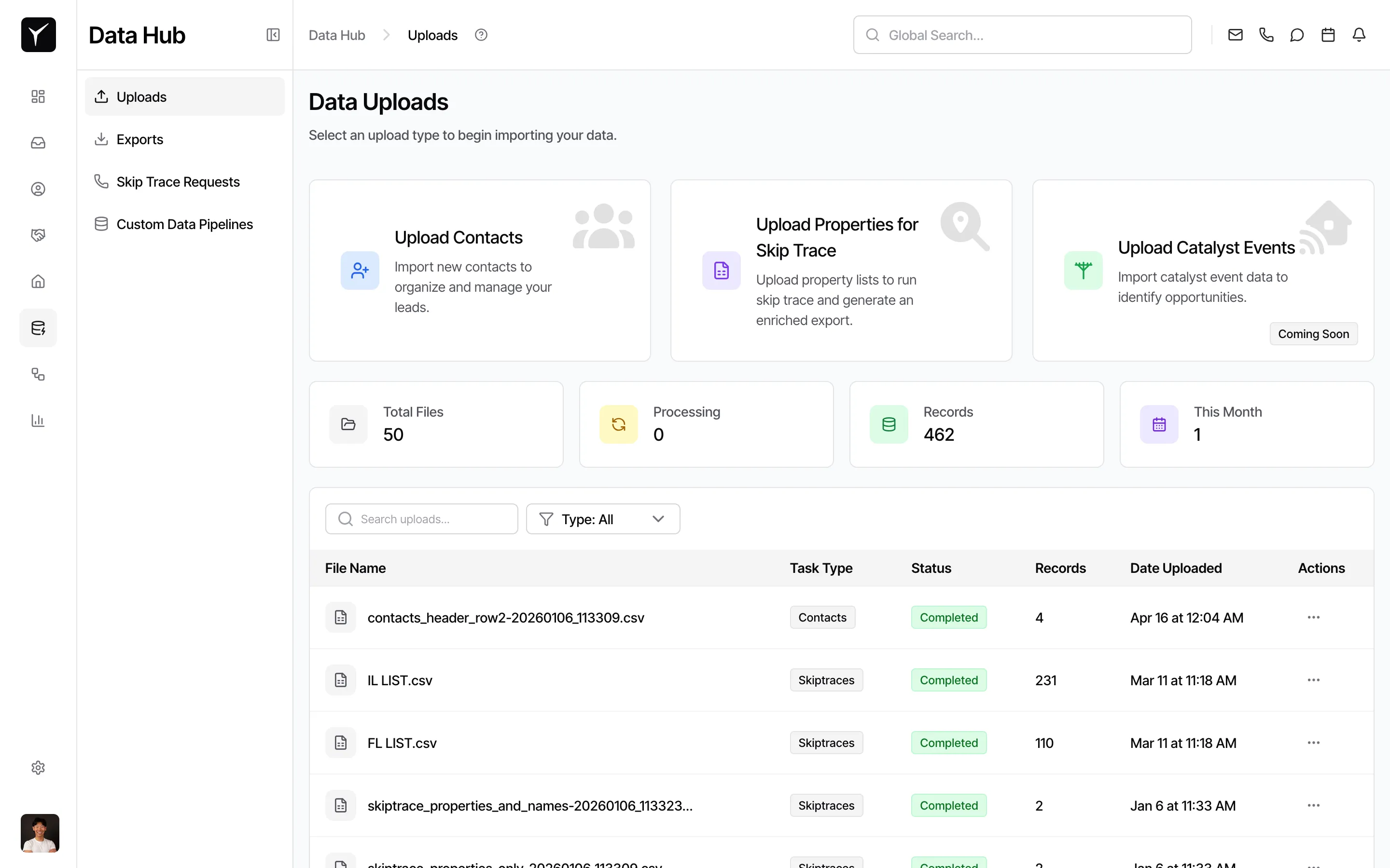 Data Hub Uploads page with Upload Contacts card