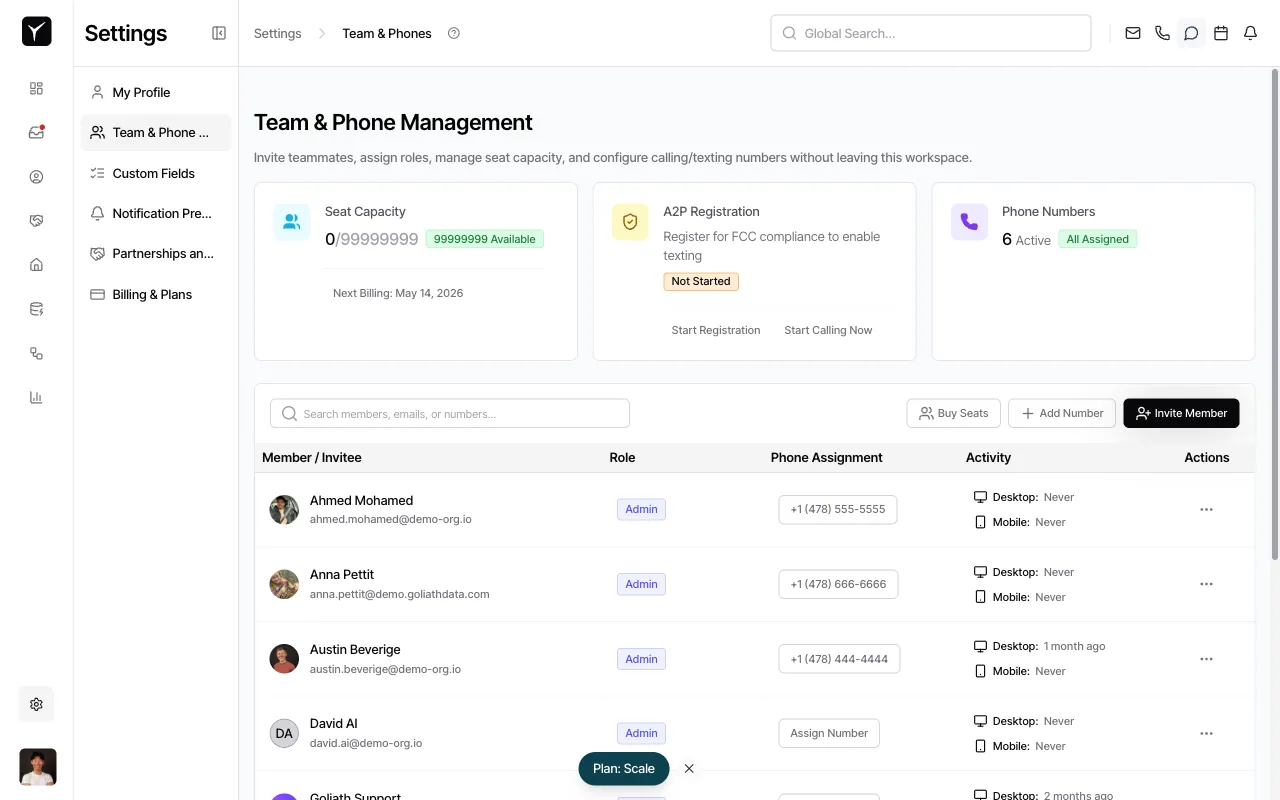 Step 1: Team & Phones settings page