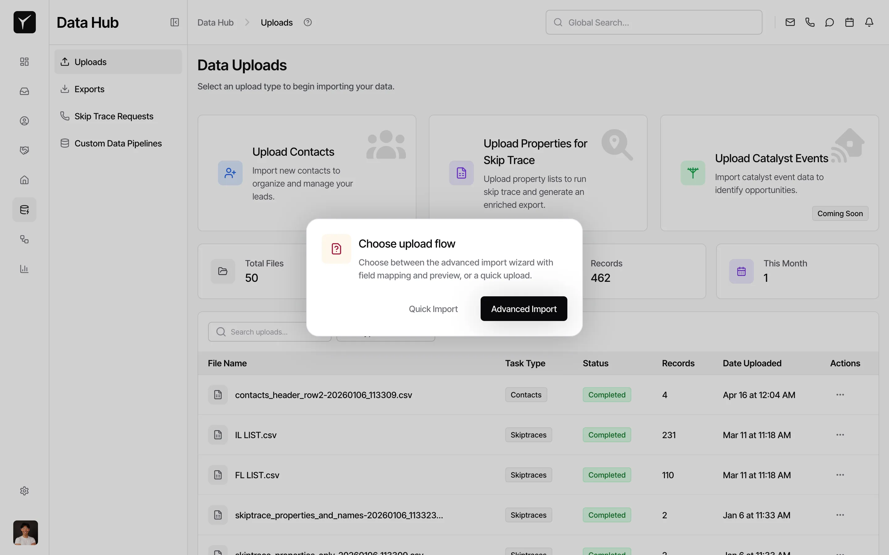 Choose upload flow dialog with Quick Import and Advanced Import options