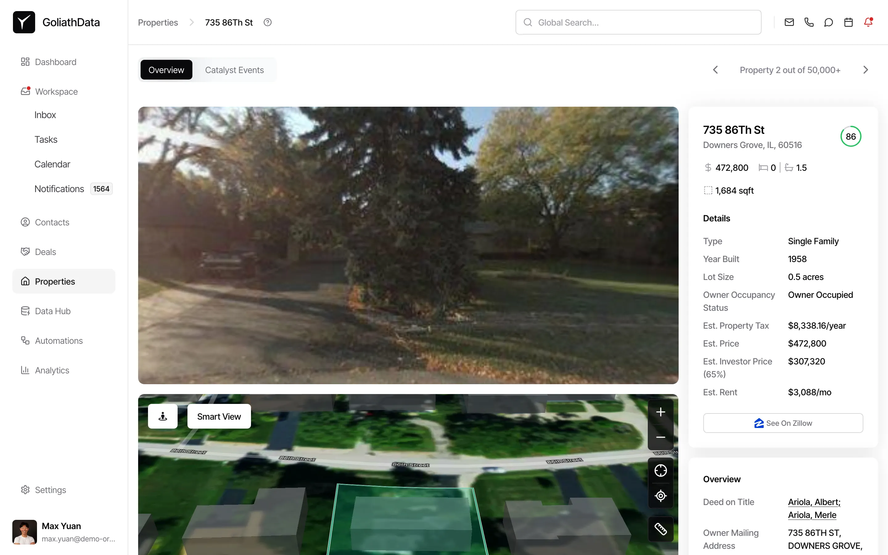 Property detail page with Overview and Catalyst Events tabs