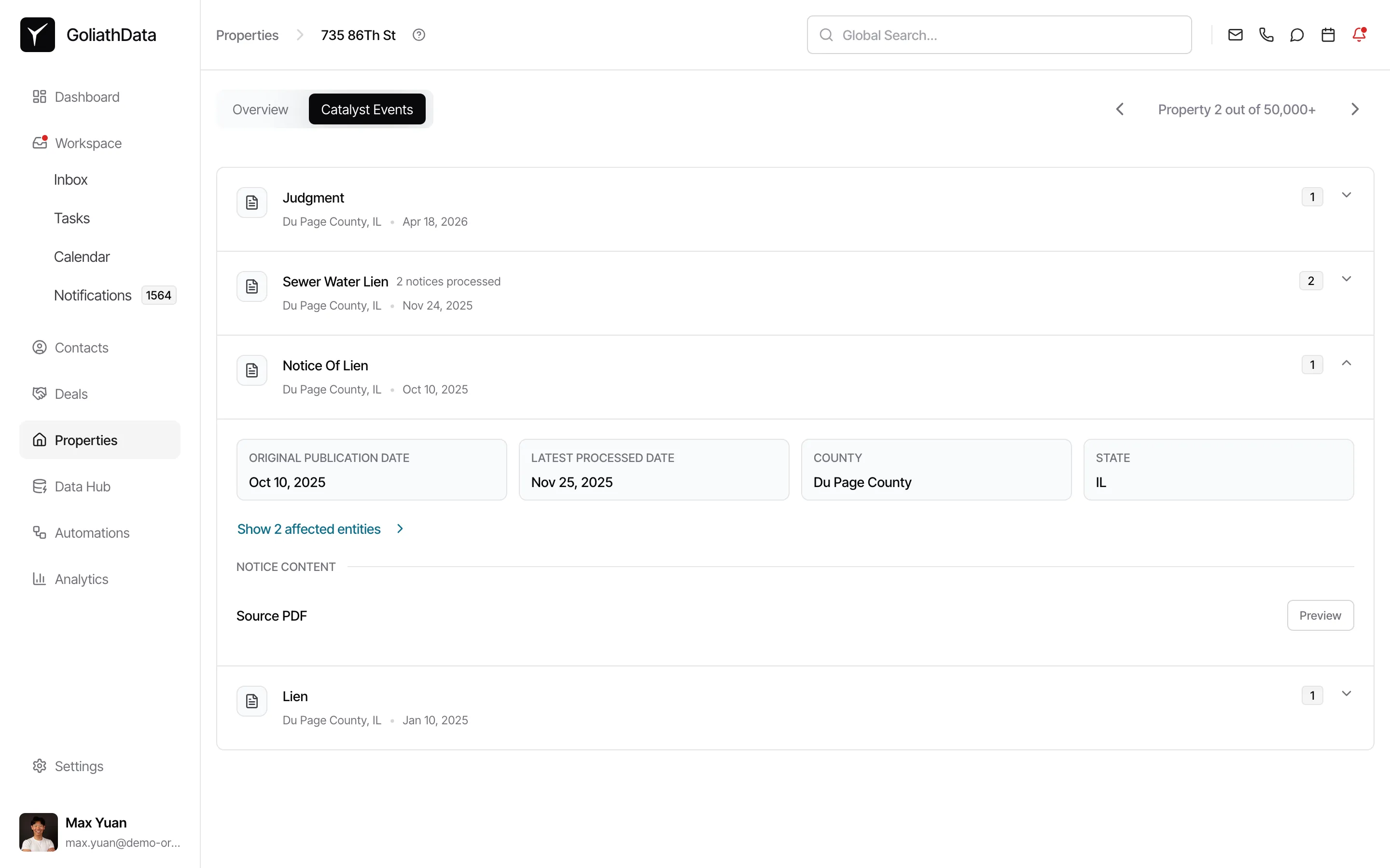 Catalyst Events tab showing a list of events with one expanded