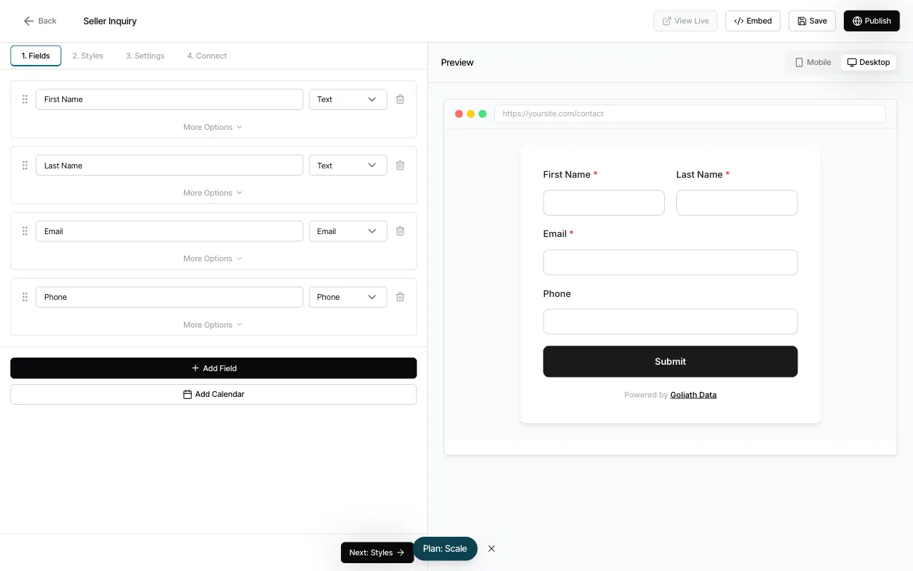 Step 4: Fields tab in the form builder