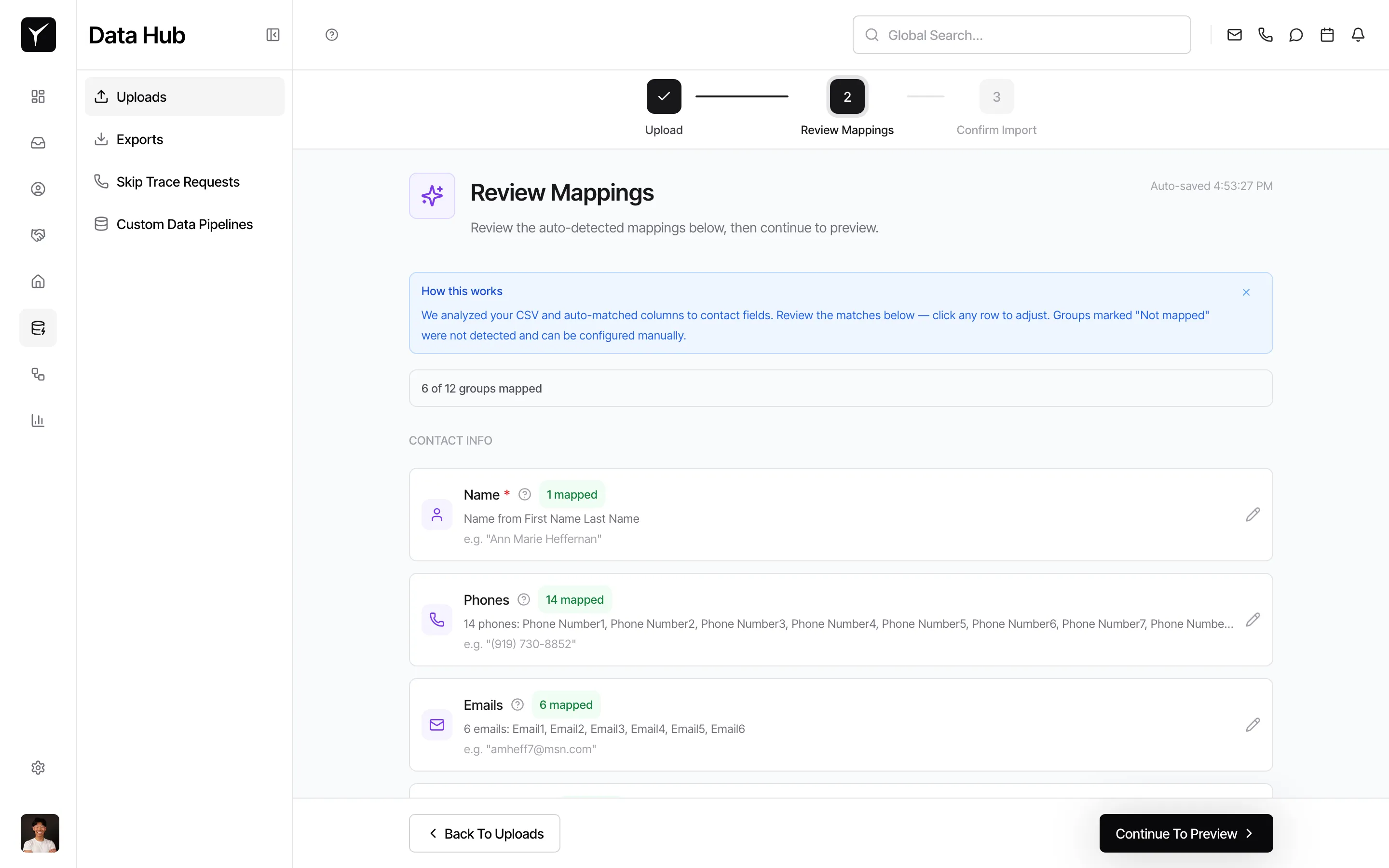 Step 2 of 3: Review Mappings screen showing auto-detected column groups