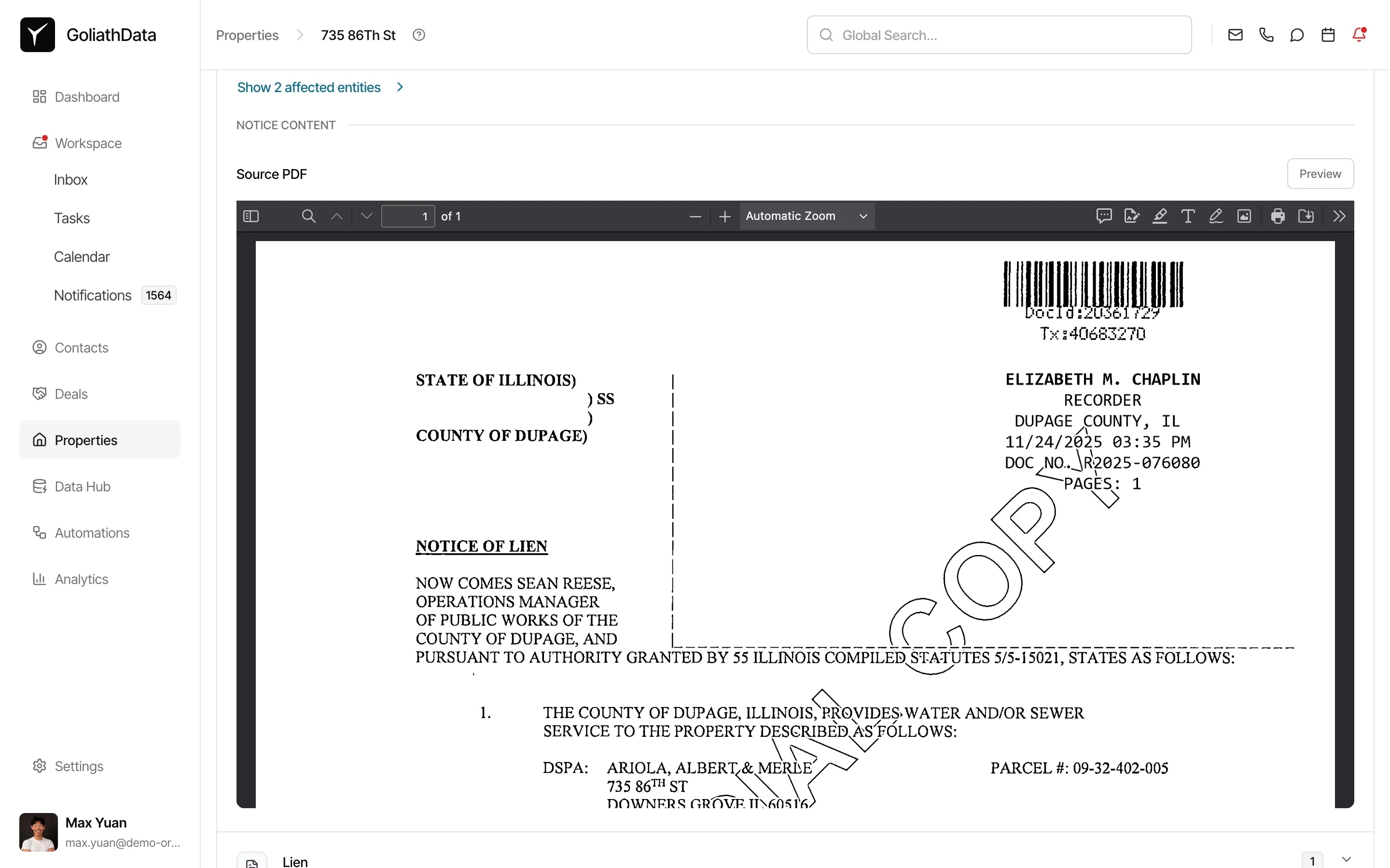 Source PDF previewed inline for a Notice of Lien event