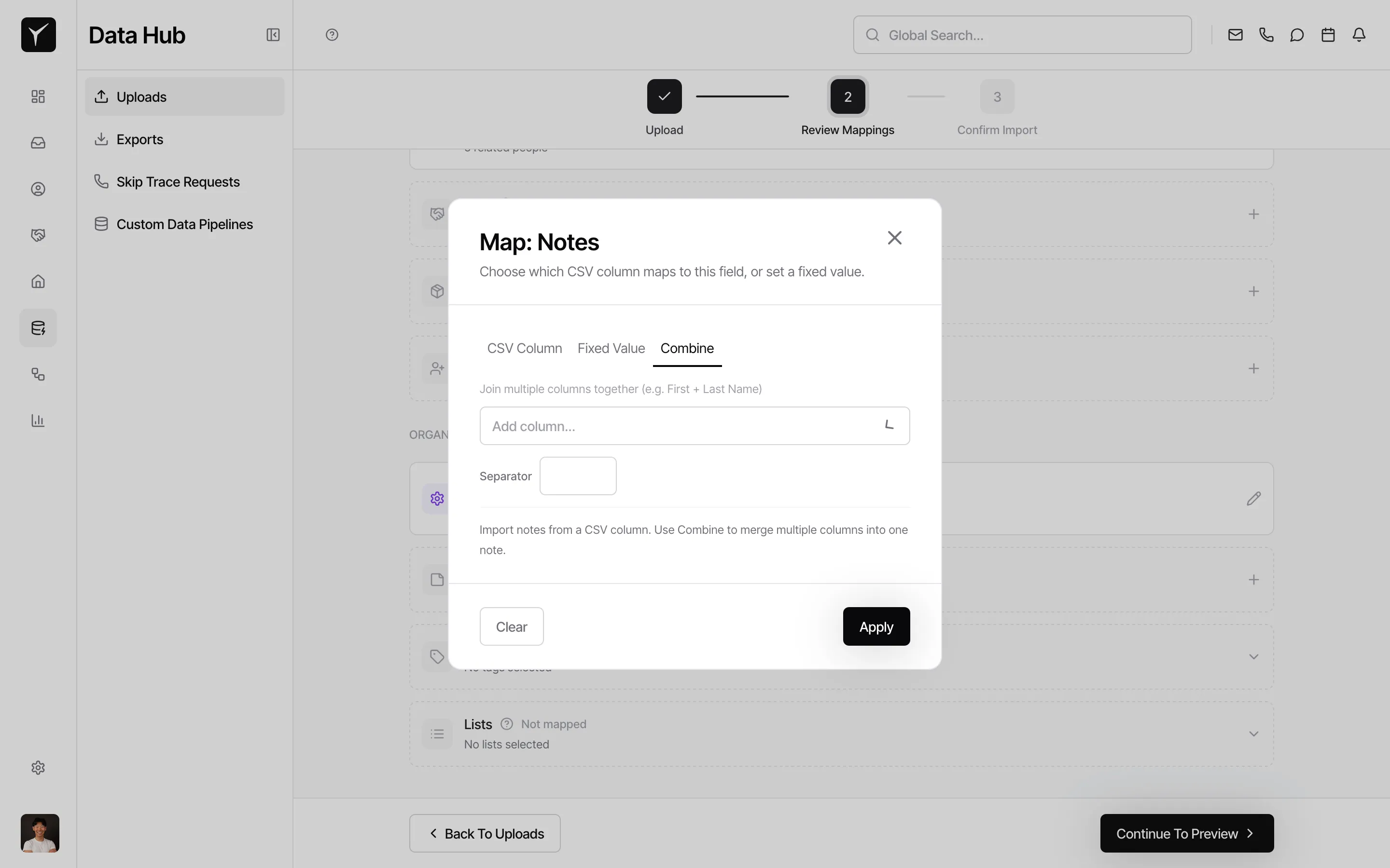 Map Notes dialog showing CSV Column, Fixed Value, and Combine tabs