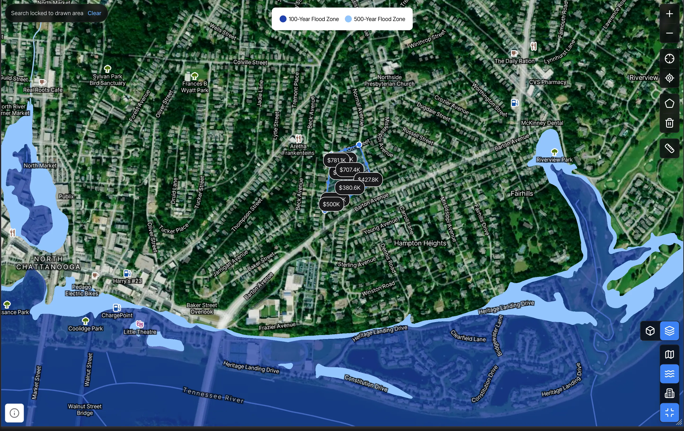 Flood Zone overlay active on the map