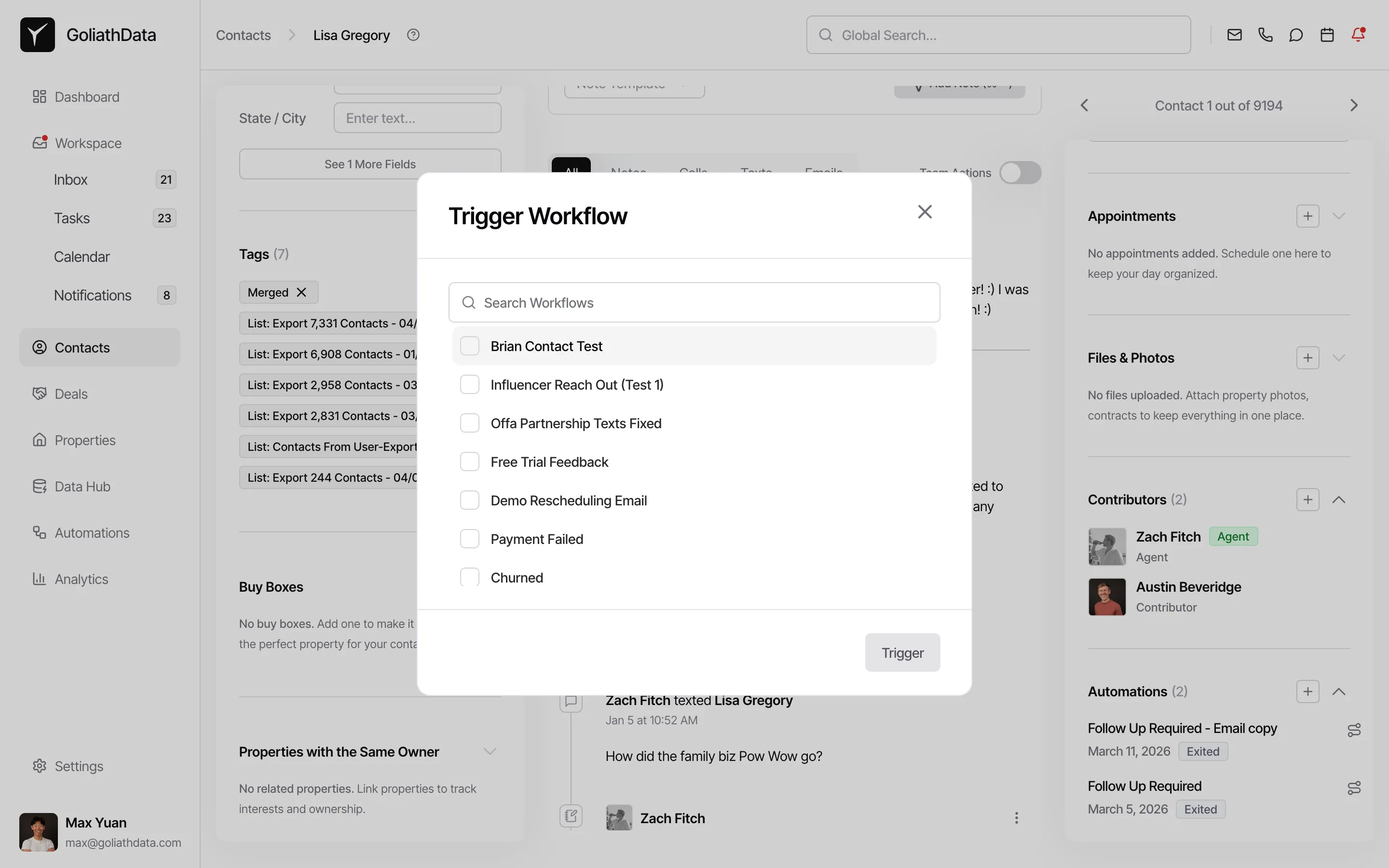 Automations card on contact detail page