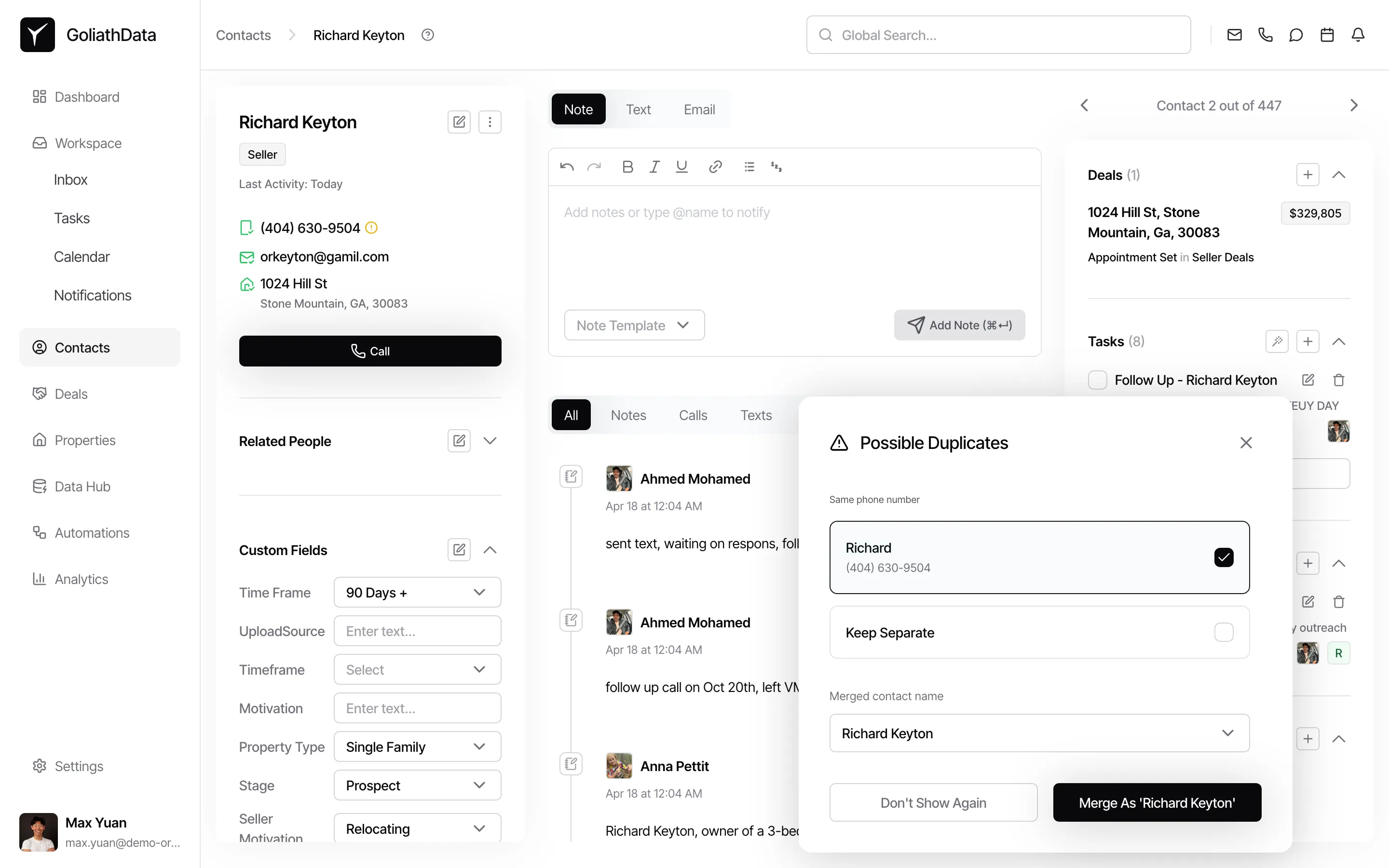 Possible Duplicates dialog showing a phone number match with merge options