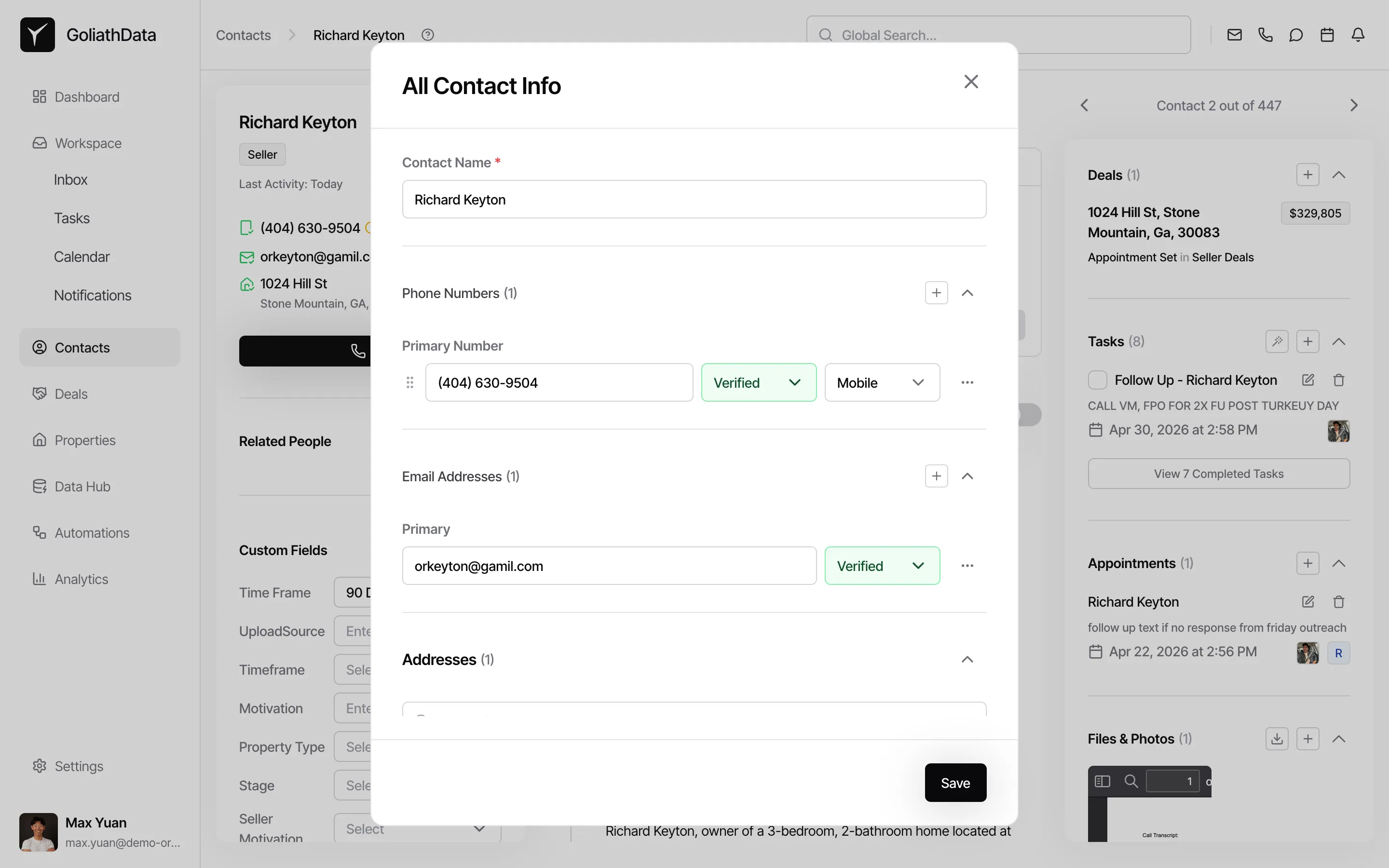 All Contact Info dialog open with name, phone, email, and address fields