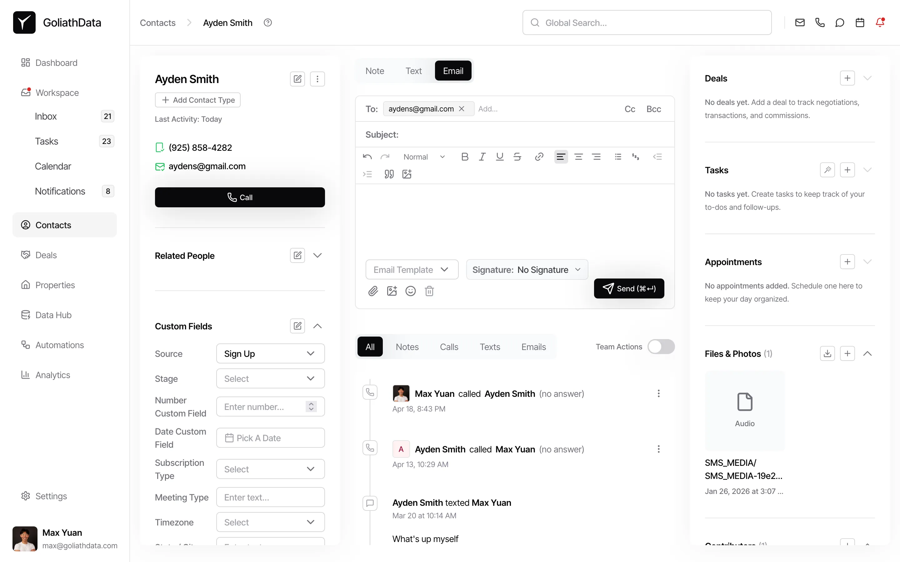 Email tab on contact detail page
