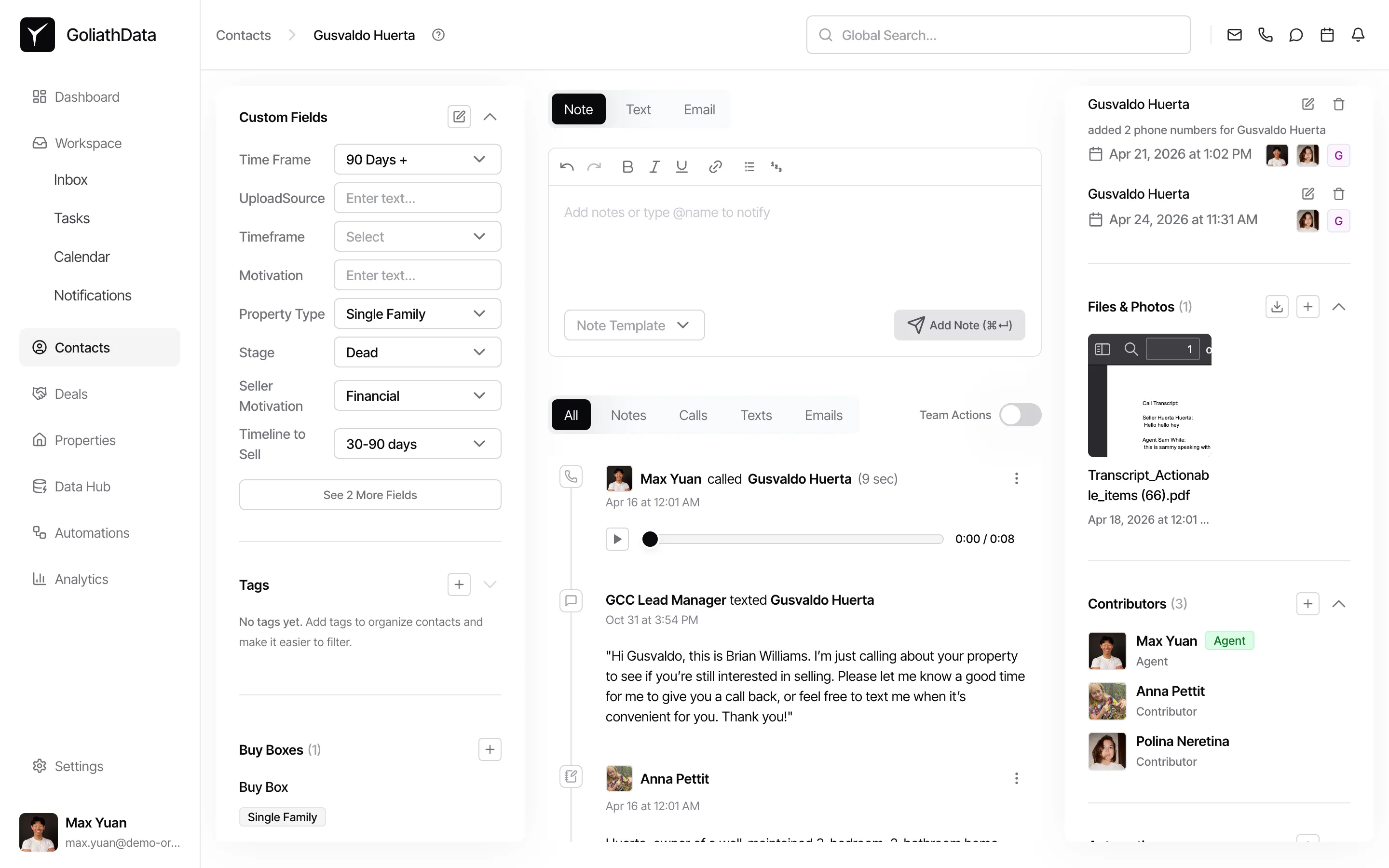 Custom Fields section with values filled in on a contact