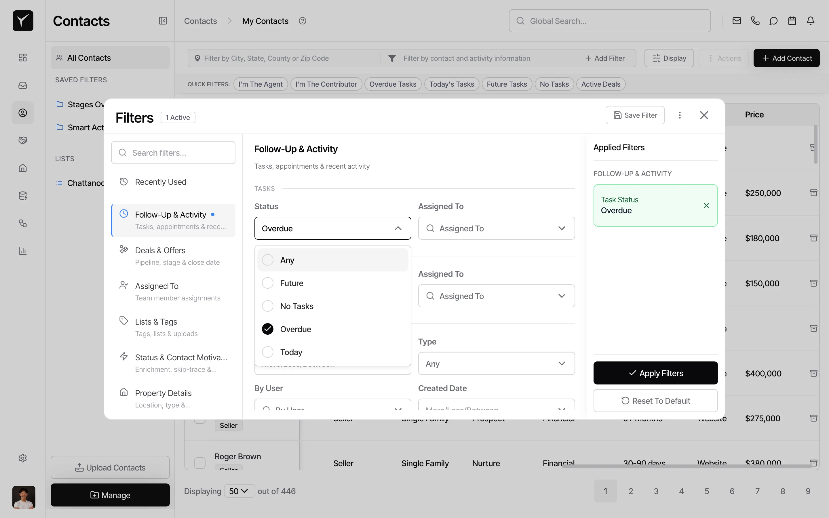 Filters panel open showing Follow-Up & Activity category