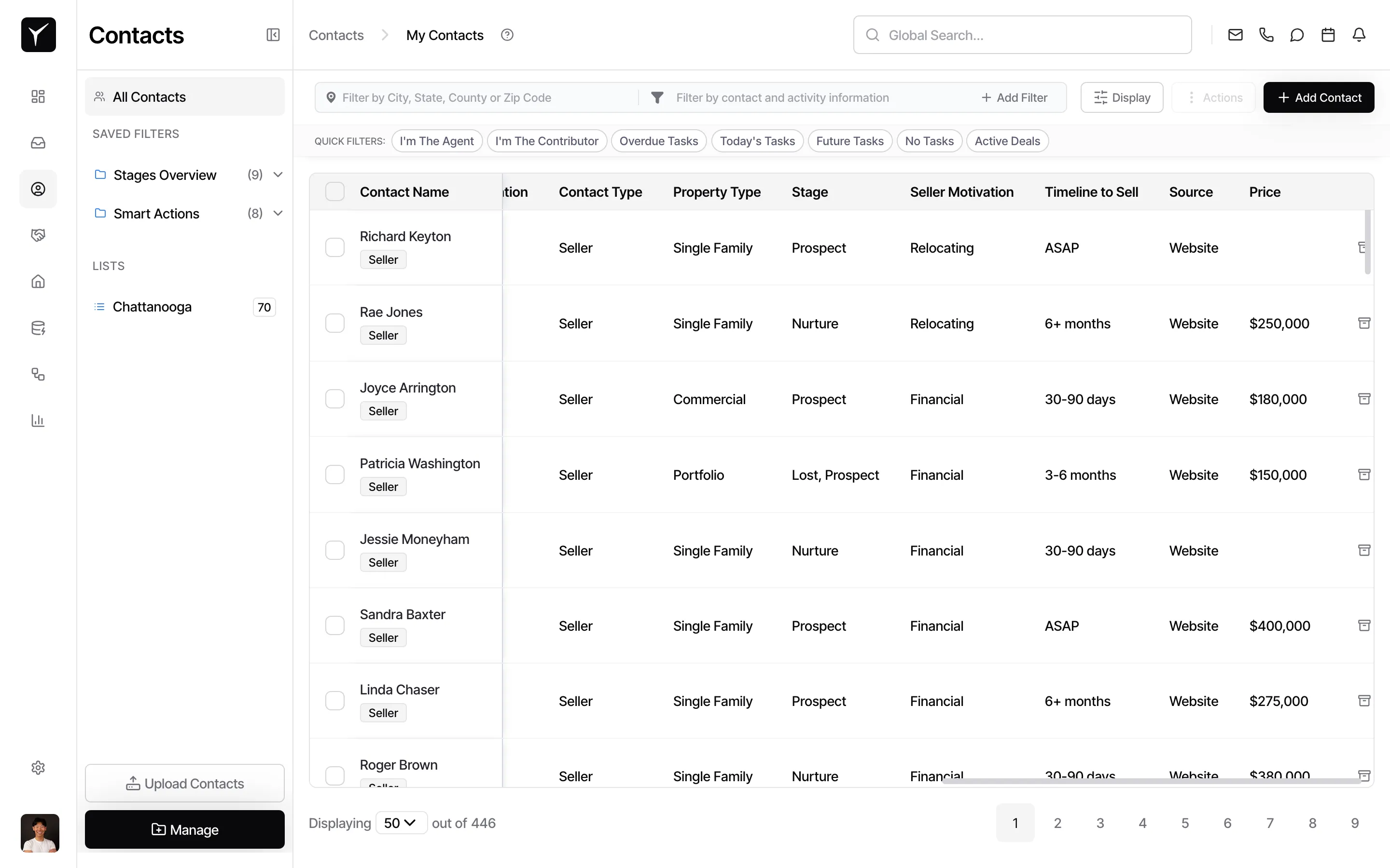 Custom field columns visible in the Contacts table