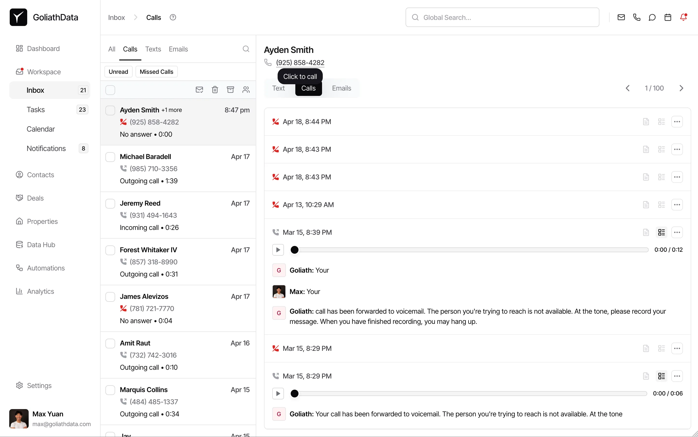 Inbox calls tab with click-to-call