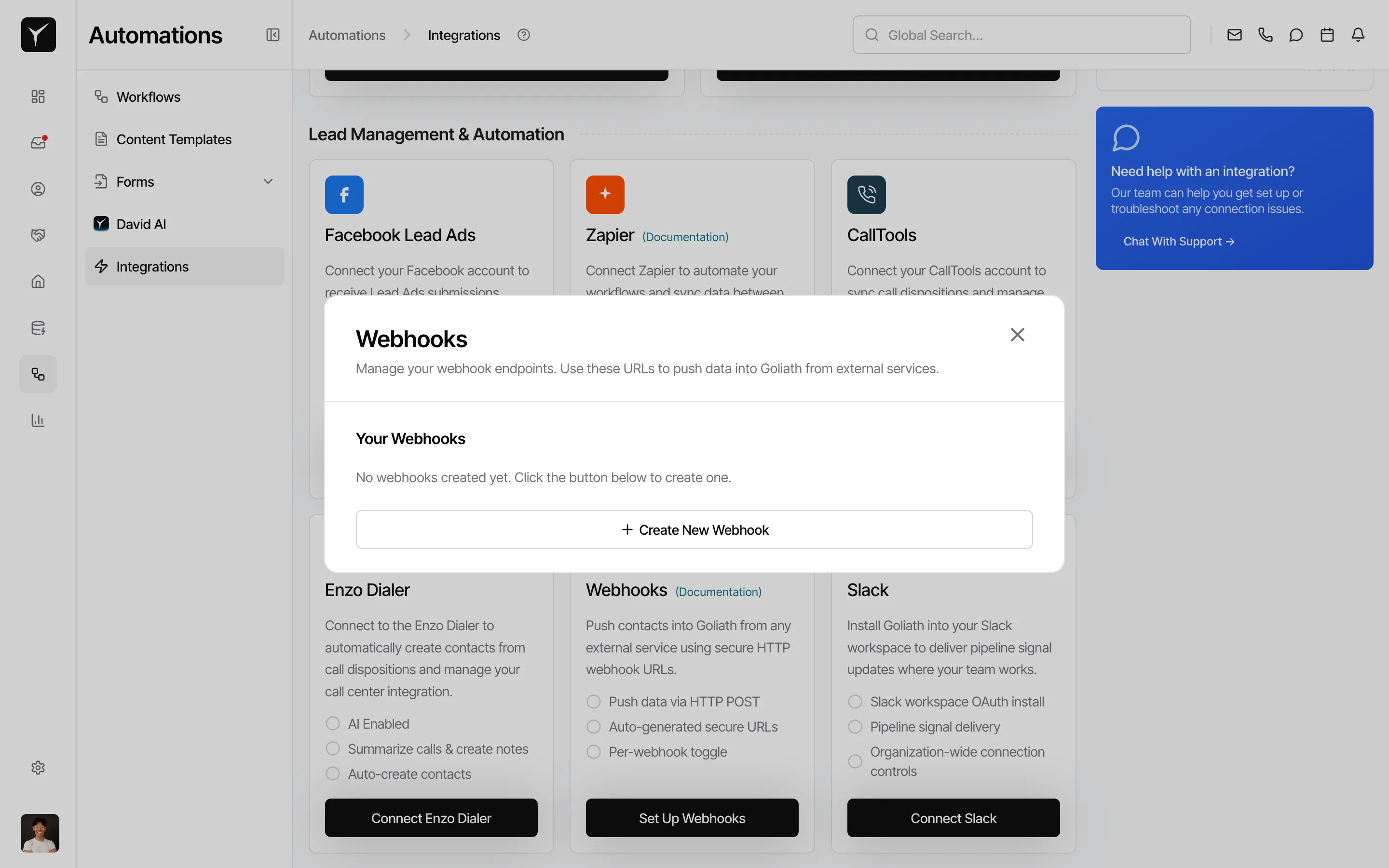 Manage webhook dialog