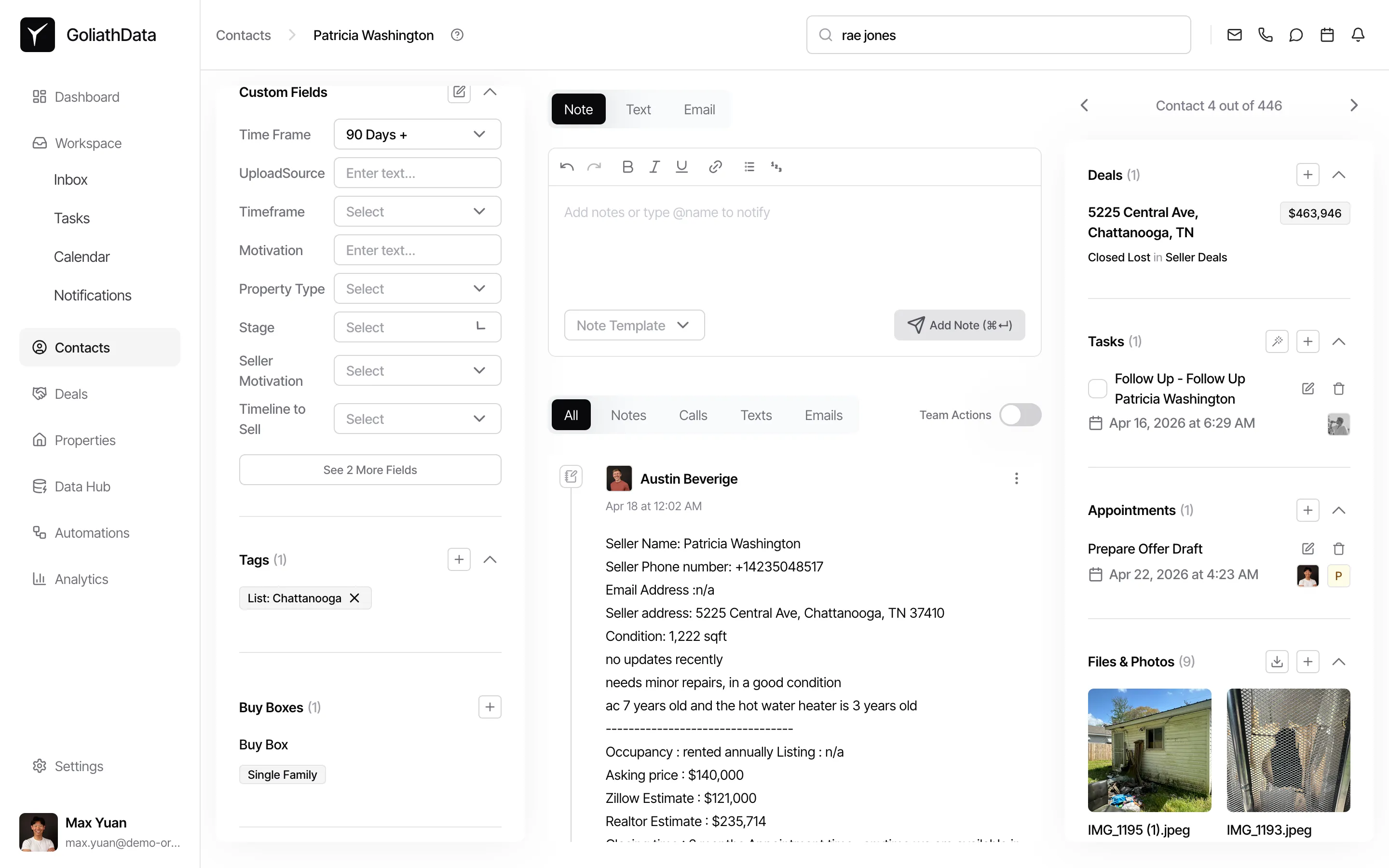 Contact detail panel showing the Custom Fields section