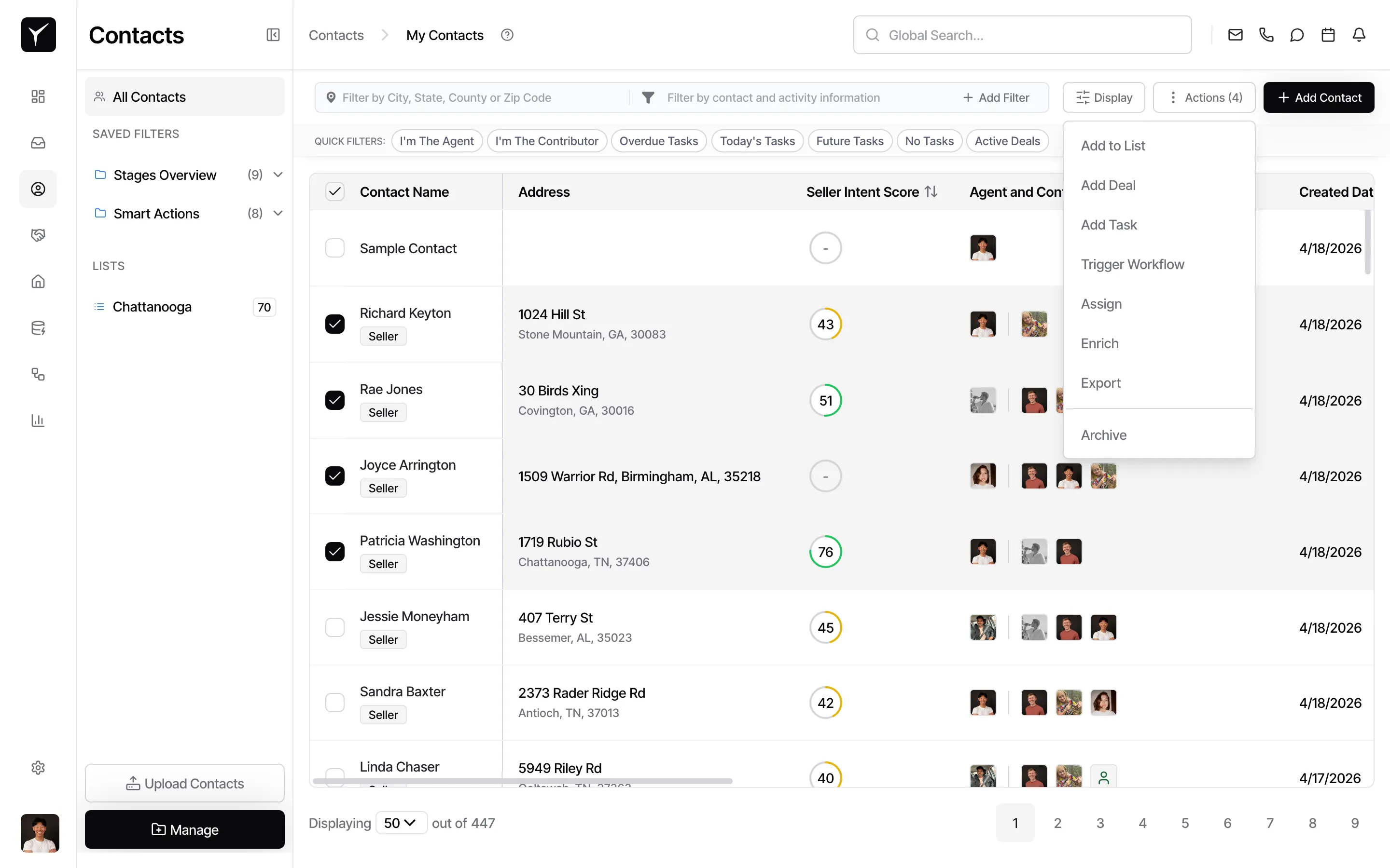 Select contacts and open bulk actions