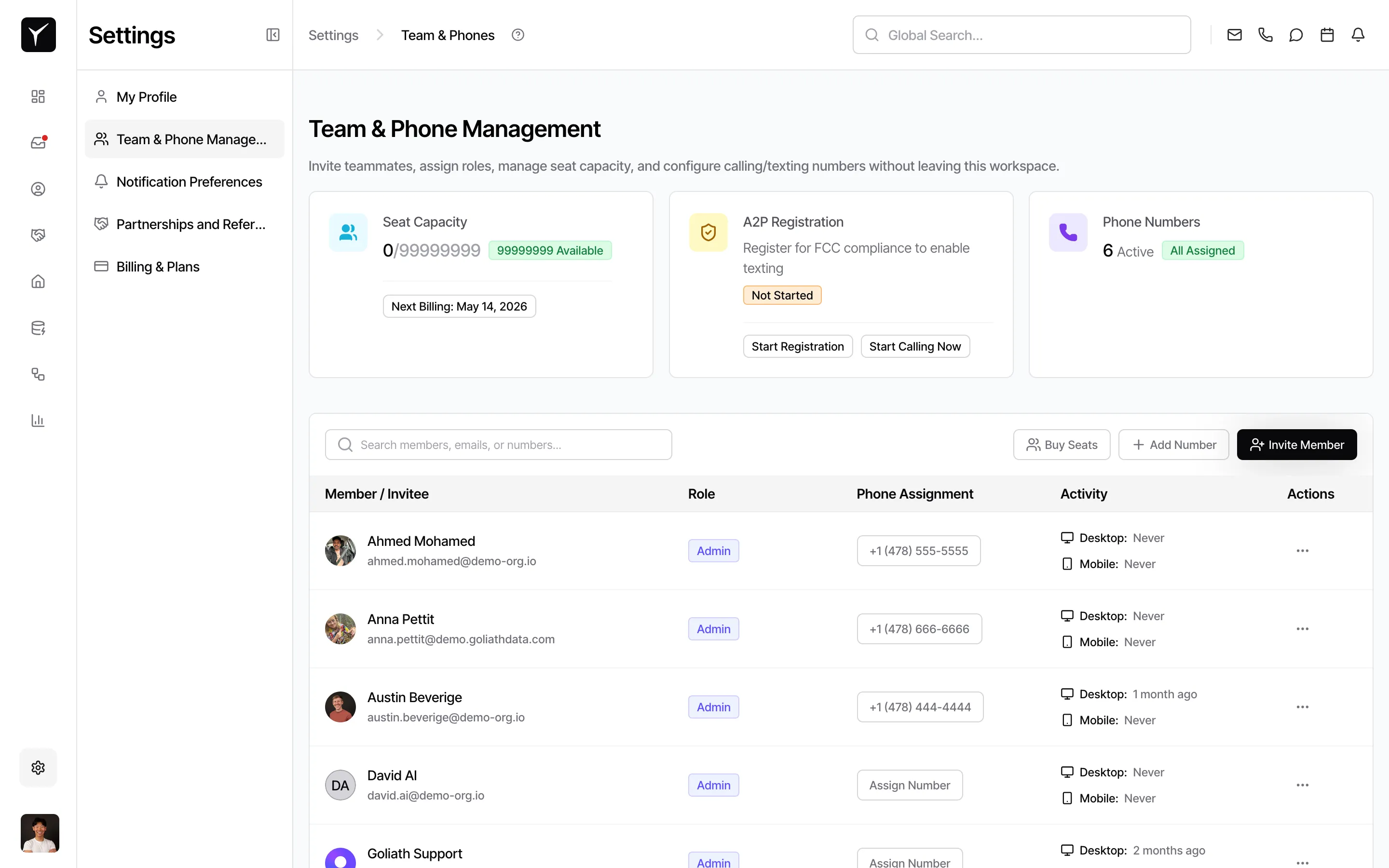 Team and phone management page