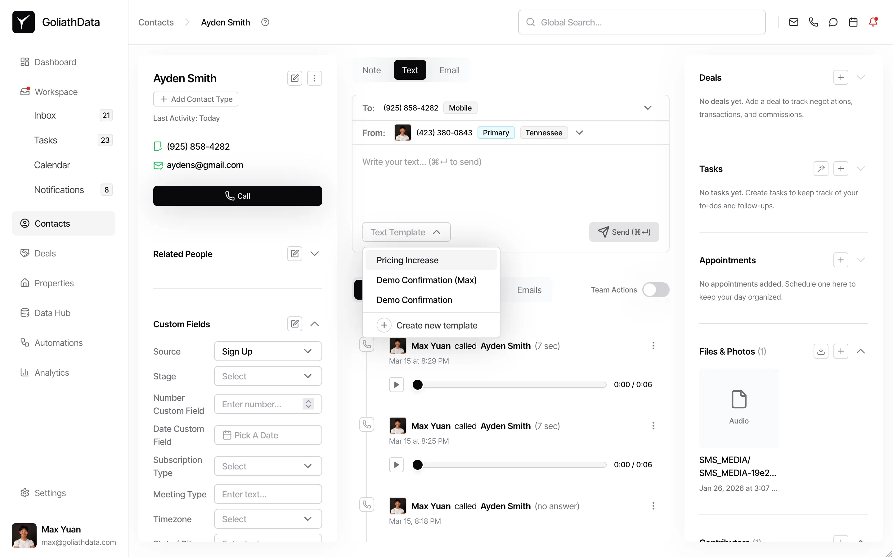 Text content template selection