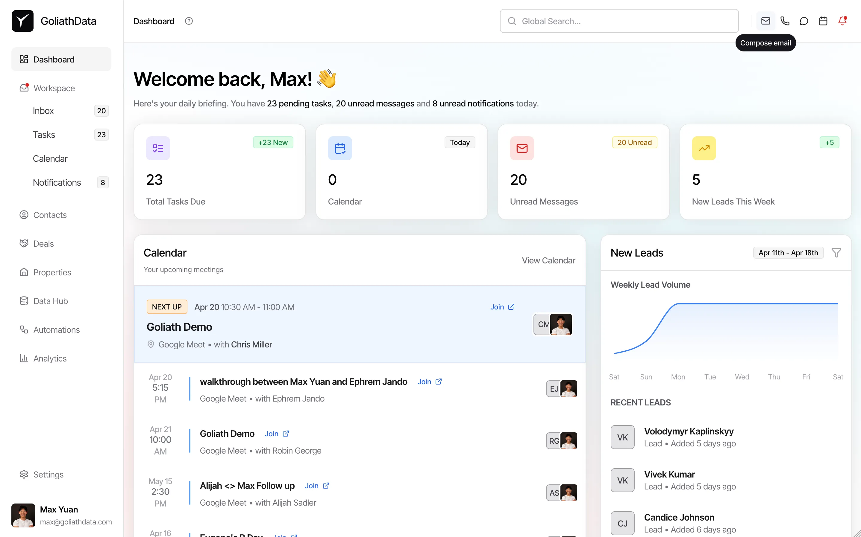 Mail icon in quick actions