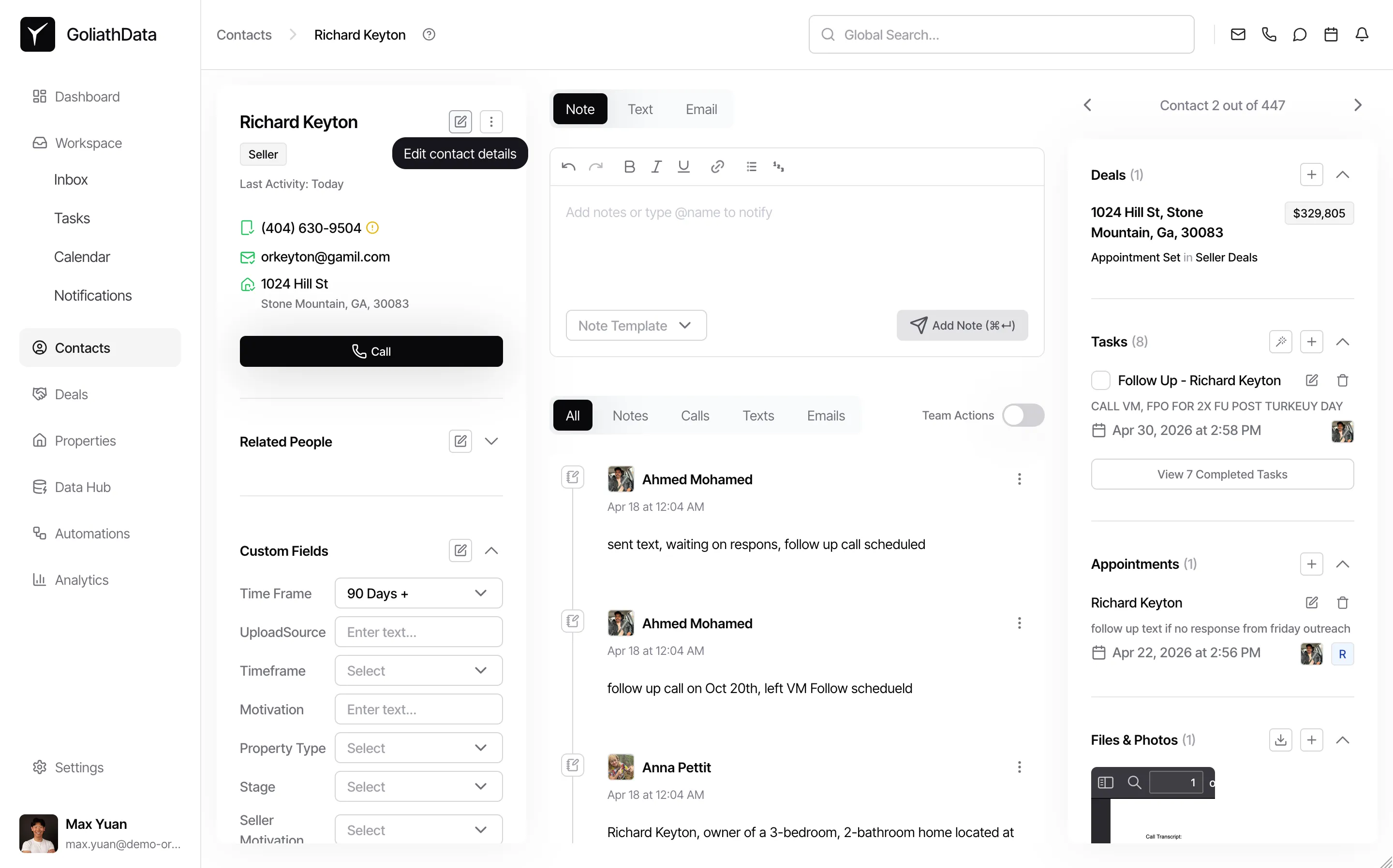 Contact detail panel with the Edit contact details button highlighted